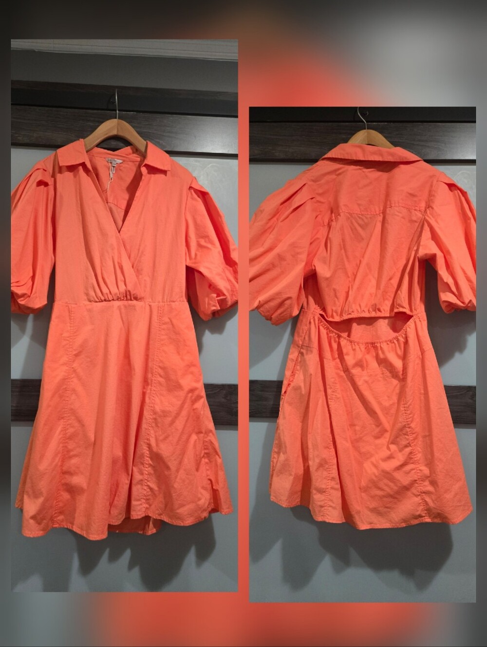 NWOT ESQUALO open back poplin dress orange Puffed Sleeves Collared Size 10